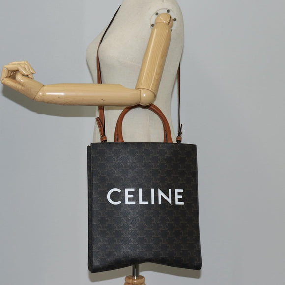 CELINE Triomphe Vertical Cabas Tote Bag PVC Leather Black Gold Auth nb490M
