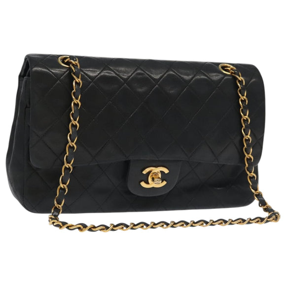 CHANEL Chain Matelasse 25 Shoulder Bag Lamb Skin Black Gold CC Auth PP032AV