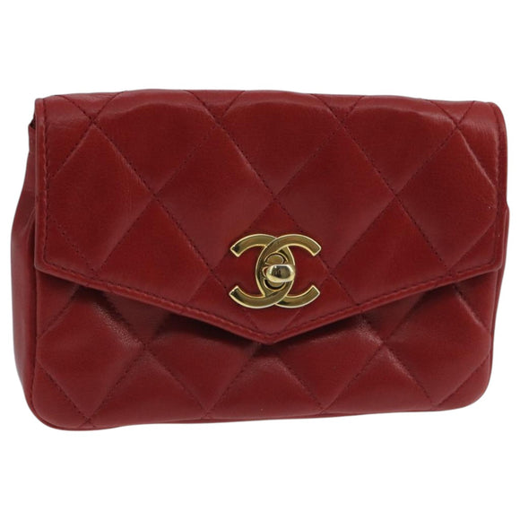 CHANEL Matelasse Waist bag Lamb Skin Red Gold CC Auth PP033