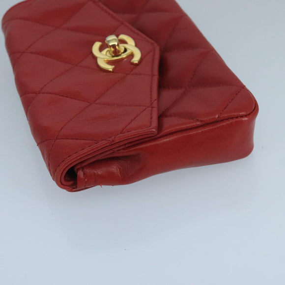 CHANEL Matelasse Waist bag Lamb Skin Red Gold CC Auth PP033