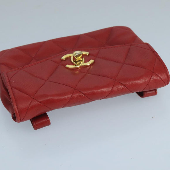 CHANEL Matelasse Waist bag Lamb Skin Red Gold CC Auth PP033
