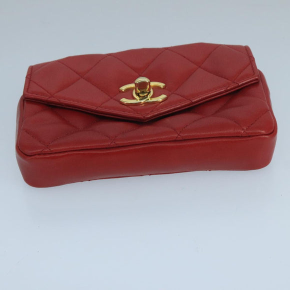 CHANEL Matelasse Waist bag Lamb Skin Red Gold CC Auth PP033