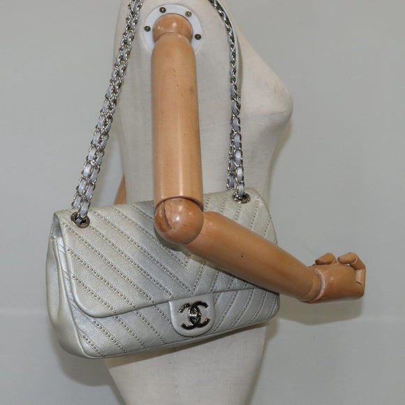 CHANEL Chain Shoulder Bag Leather Gray CC Auth PP141