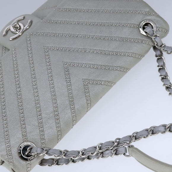 CHANEL Chain Shoulder Bag Leather Gray CC Auth PP141
