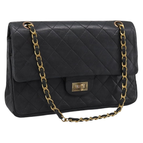 CHANEL Matelasse 25.5 Double Flap Chain Bag Lamb Skin Black Gold CC Auth PP249