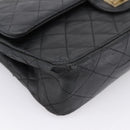 CHANEL Matelasse 25.5 Double Flap Chain Bag Lamb Skin Black Gold CC Auth PP249-15
