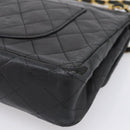 CHANEL Matelasse 25.5 Double Flap Chain Bag Lamb Skin Black Gold CC Auth PP249-16