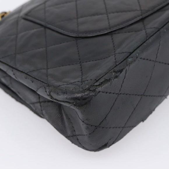 CHANEL Matelasse 25.5 Double Flap Chain Bag Lamb Skin Black Gold CC Auth PP249