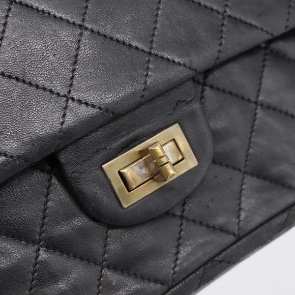 CHANEL Matelasse 25.5 Double Flap Chain Bag Lamb Skin Black Gold CC Auth PP249