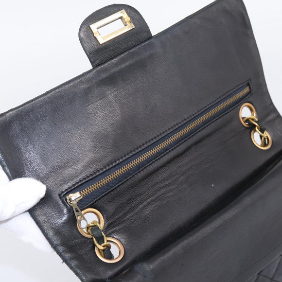 CHANEL Matelasse 25.5 Double Flap Chain Bag Lamb Skin Black Gold CC Auth PP249