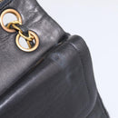 CHANEL Matelasse 25.5 Double Flap Chain Bag Lamb Skin Black Gold CC Auth PP249-20