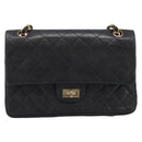 CHANEL Matelasse 25.5 Double Flap Chain Bag Lamb Skin Black Gold CC Auth PP249-13