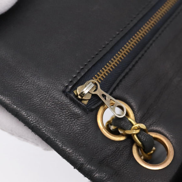 CHANEL Matelasse 25.5 Double Flap Chain Bag Lamb Skin Black Gold CC Auth PP249
