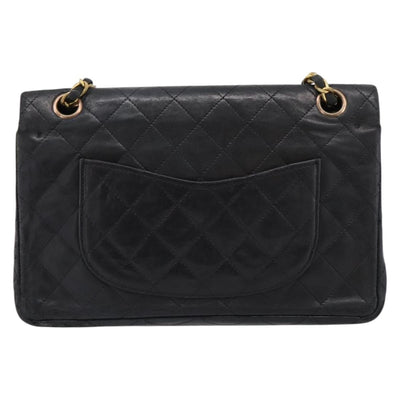 CHANEL Matelasse 25.5 Double Flap Chain Bag Lamb Skin Black Gold CC Auth PP249 - 0