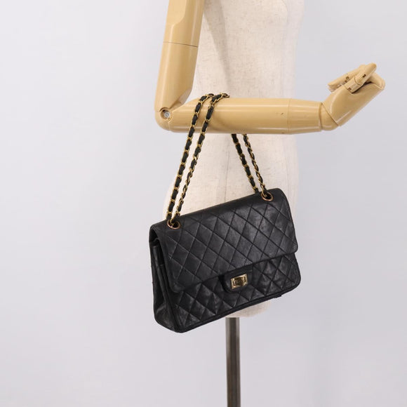 CHANEL Matelasse 25.5 Double Flap Chain Bag Lamb Skin Black Gold CC Auth PP249
