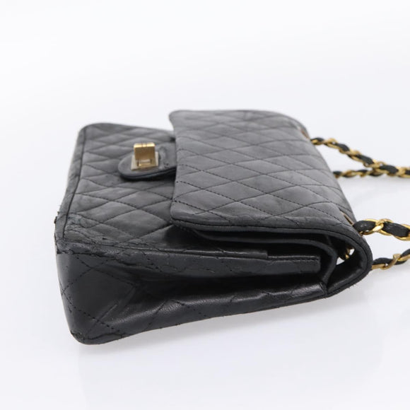 CHANEL Matelasse 25.5 Double Flap Chain Bag Lamb Skin Black Gold CC Auth PP249