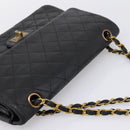 CHANEL Matelasse 25.5 Double Flap Chain Bag Lamb Skin Black Gold CC Auth PP249-6