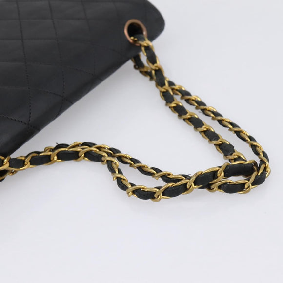 CHANEL Matelasse 25.5 Double Flap Chain Bag Lamb Skin Black Gold CC Auth PP249