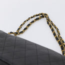 CHANEL Matelasse 25.5 Double Flap Chain Bag Lamb Skin Black Gold CC Auth PP249-8
