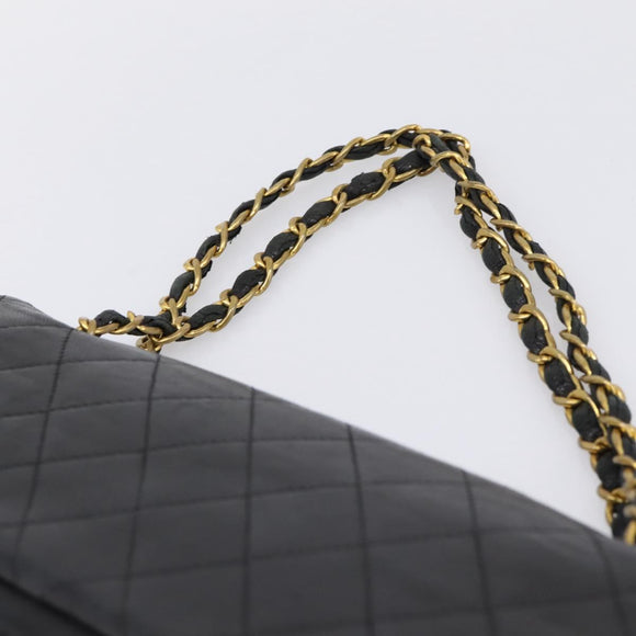 CHANEL Matelasse 25.5 Double Flap Chain Bag Lamb Skin Black Gold CC Auth PP249