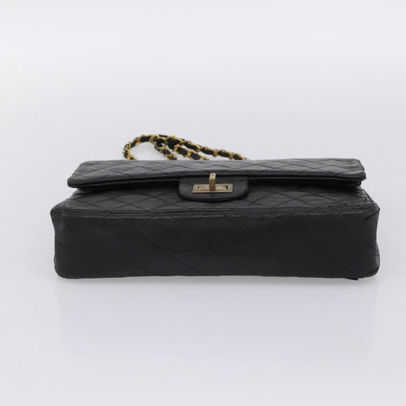 CHANEL Matelasse 25.5 Double Flap Chain Bag Lamb Skin Black Gold CC Auth PP249
