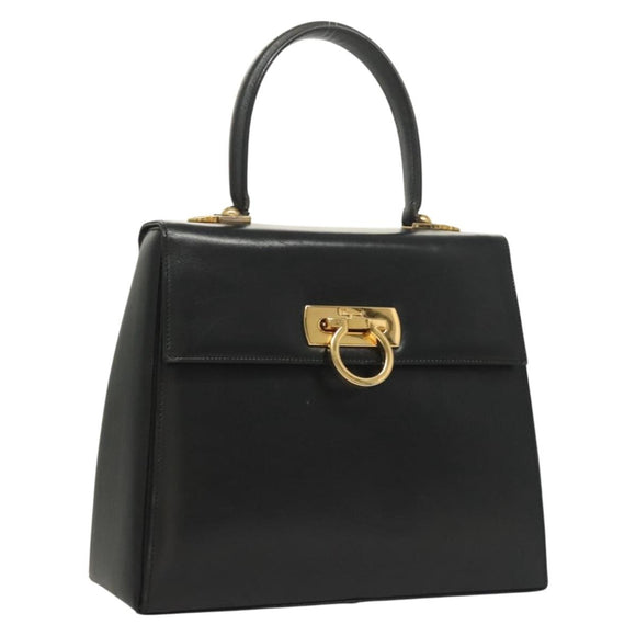 Salvatore Ferragamo Gancini Hand Bag Leather Black Gold Auth PP828