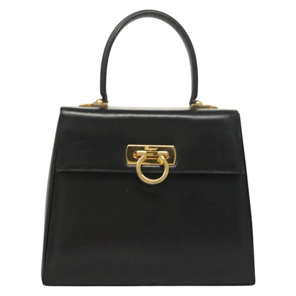 Salvatore Ferragamo Gancini Hand Bag Leather Black Gold Auth PP828