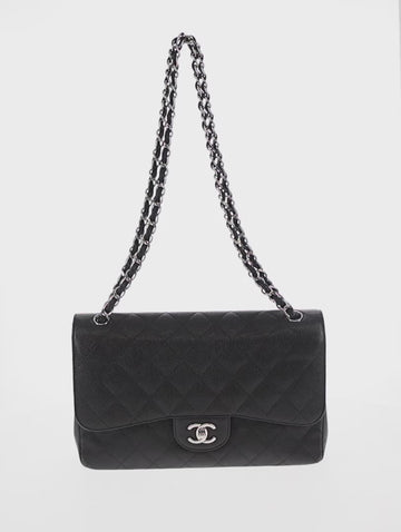 CHANEL Matelasse 30 Double Flap Chain Bag Caviar Skin Black CC Auth 146363SM - 0