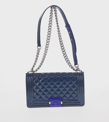 CHANEL Chain Boy Chanel Shoulder Bag Patent Blue Silver CC Auth 146082SAM - 0