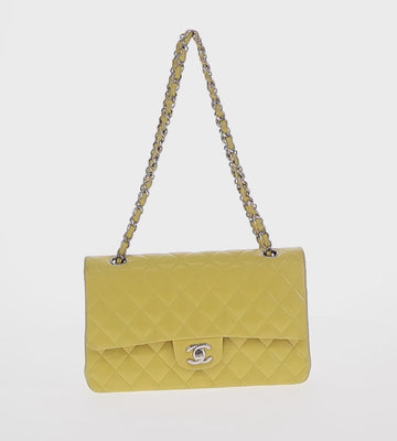 CHANEL Matelasse 25 Double Flap Chain Bag Lamb Skin Yellow CC Auth 156637SM - 0