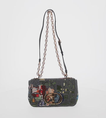 Christian Dior Chain Caro Shoulder Bag cotton Gray Gold Auth 152452AM - 0