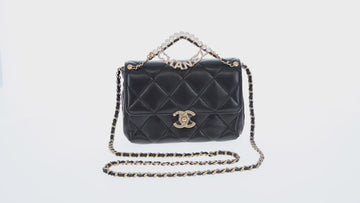 CHANEL Matelasse Pearl Charm Chain Bag Lamb Skin Black Gold CC Auth 146362SM - 0