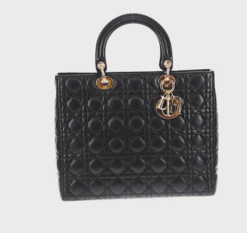 Christian Dior Canage Lady Dior Hand Bag Lamb Skin Black Gold Auth yk19860V - 0
