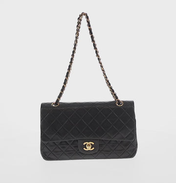 CHANEL Matelasse 25 Double Flap Chain Bag Lamb Skin Black Gold CC Auth BA9003SAV - 0