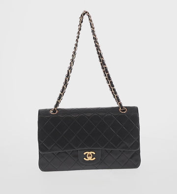 CHANEL Matelasse 25 Double Flap Chain Bag Lamb Skin Black Gold CC Auth BA9002SAV - 0