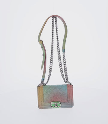 CHANEL Chain Boy Chanel Shoulder Bag Caviar Skin Silver Rainbow CC Auth 147968SM - 0