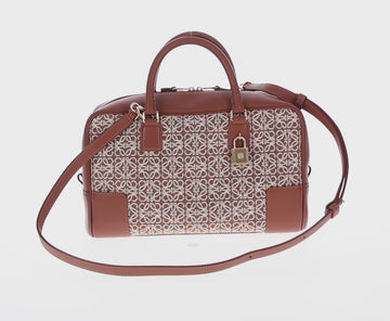 LOEWE Amazona 28 Repeat Anagram Bag Canvas Leather 2way Gold Brown Auth 145249M - 0