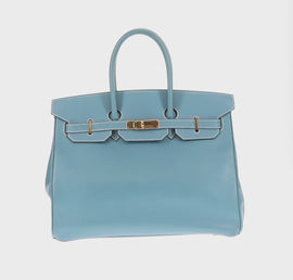 HERMES Birkin 35 Hand Bag Epsom Embossed Light Blue Gold Auth 156385SM - 0