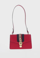 GUCCI Sylvie Sherry Line Shoulder Bag Leather Red Gold Navy 421882 Auth 154071M-2