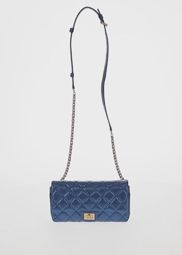 CHANEL 2.55 Matelasse Chain Shoulder Bag Calf Skin Blue Gold CC Auth 149291M - 0