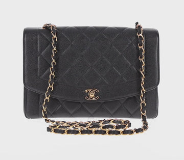 CHANEL Matelasse Diana Chain Shoulder Bag Caviar Skin Black CC Auth 140126SM - 0