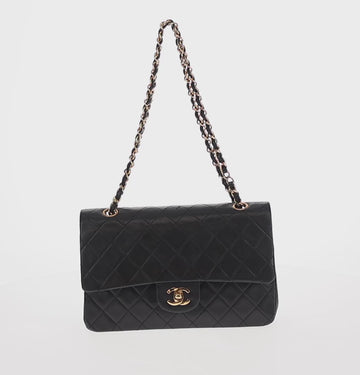 CHANEL Matelasse 25 Double Flap Chain Bag Lamb Skin Black Gold CC Auth BA9001SAM - 0