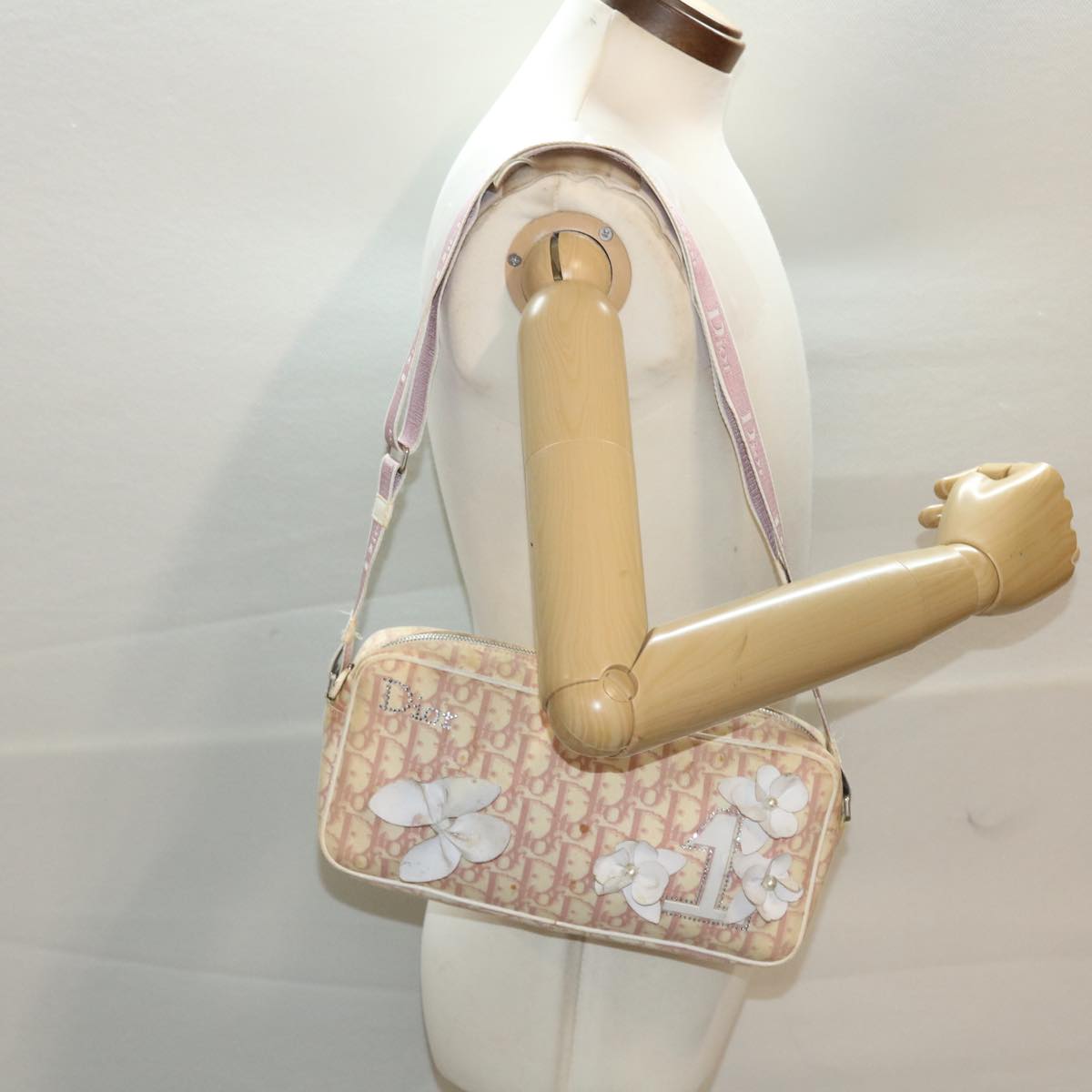 Christian Dior Trotter Canvas Shoulder Bag Pink White Auth rd5540