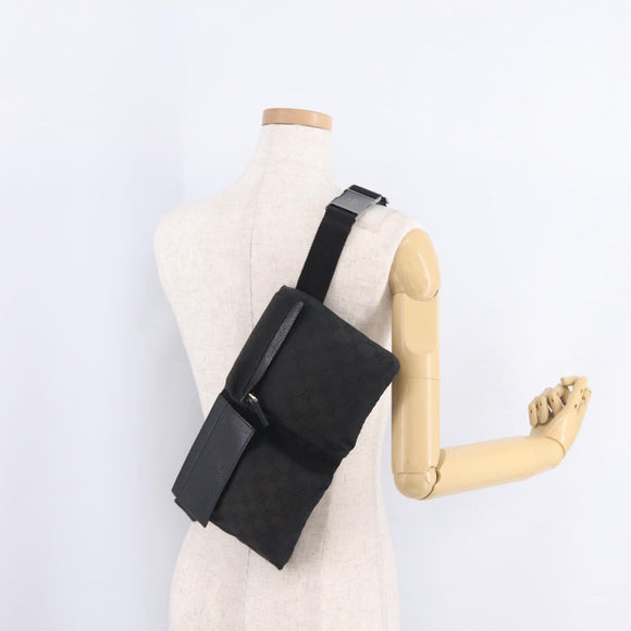 GUCCI GG Canvas Waist Bag Black Silver 28566 Auth RV029