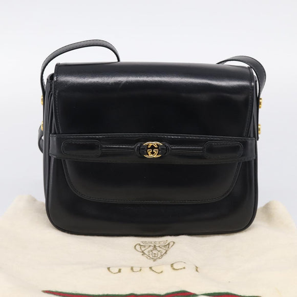 GUCCI Old Gucci Interlocking Shoulder Bag Leather Black Gold Auth RV041V