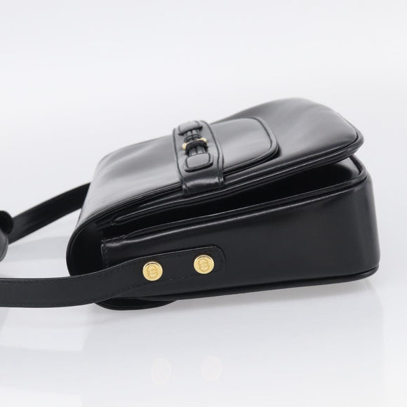 GUCCI Old Gucci Interlocking Shoulder Bag Leather Black Gold Auth RV041V