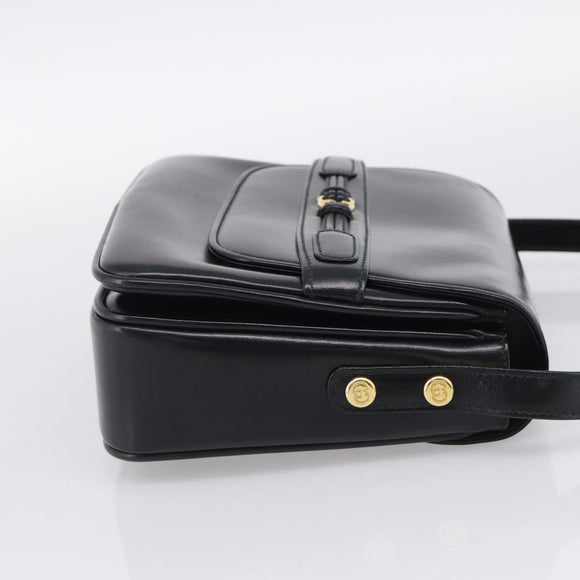 GUCCI Old Gucci Interlocking Shoulder Bag Leather Black Gold Auth RV041V