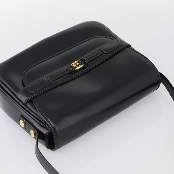GUCCI Old Gucci Interlocking Shoulder Bag Leather Black Gold Auth RV041V