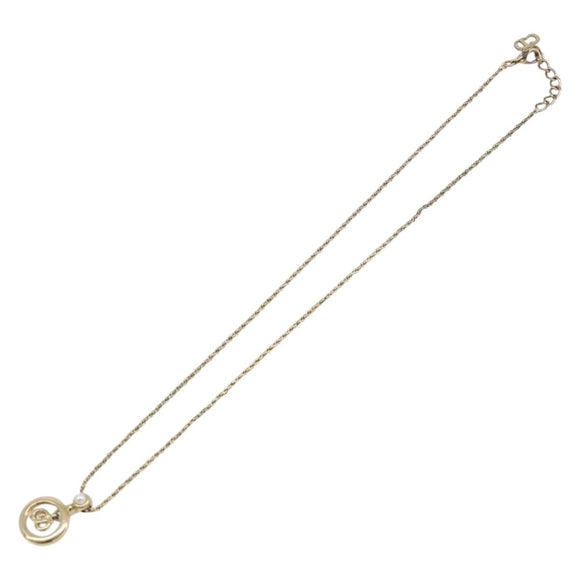 Christian Dior CD Logo Circle Necklace Metal Gold Tone Auth SK156