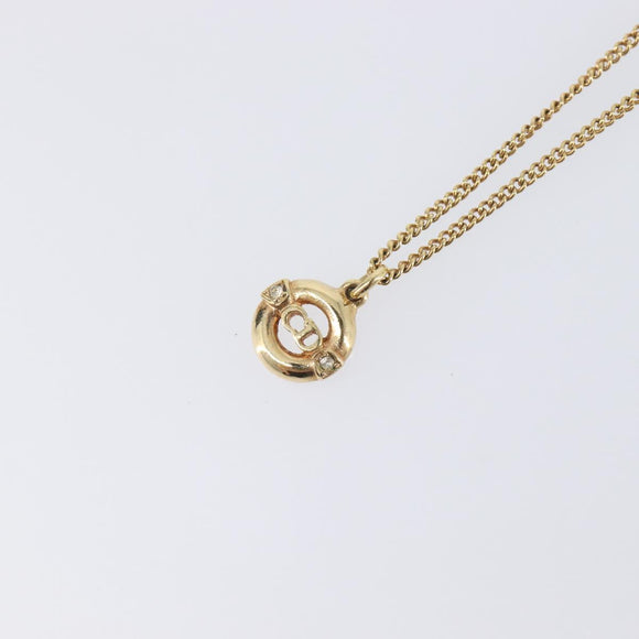 Christian Dior CD Logo Circle 2P Stone Necklace Metal Gold Tone Auth SK162